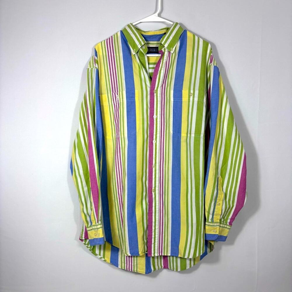 Lands' End Green & Blue Striped Men's Cotton Button Down Shirt Size Large CC0559